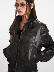 Vintage Wash Faux Leather Bomber Jacket - TEVQA