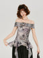 Vintage Nautical Print Off-Shoulder Top Grey