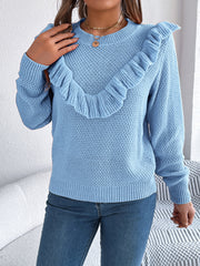 Elegant Gray Ruffle Trim Knit Sweater