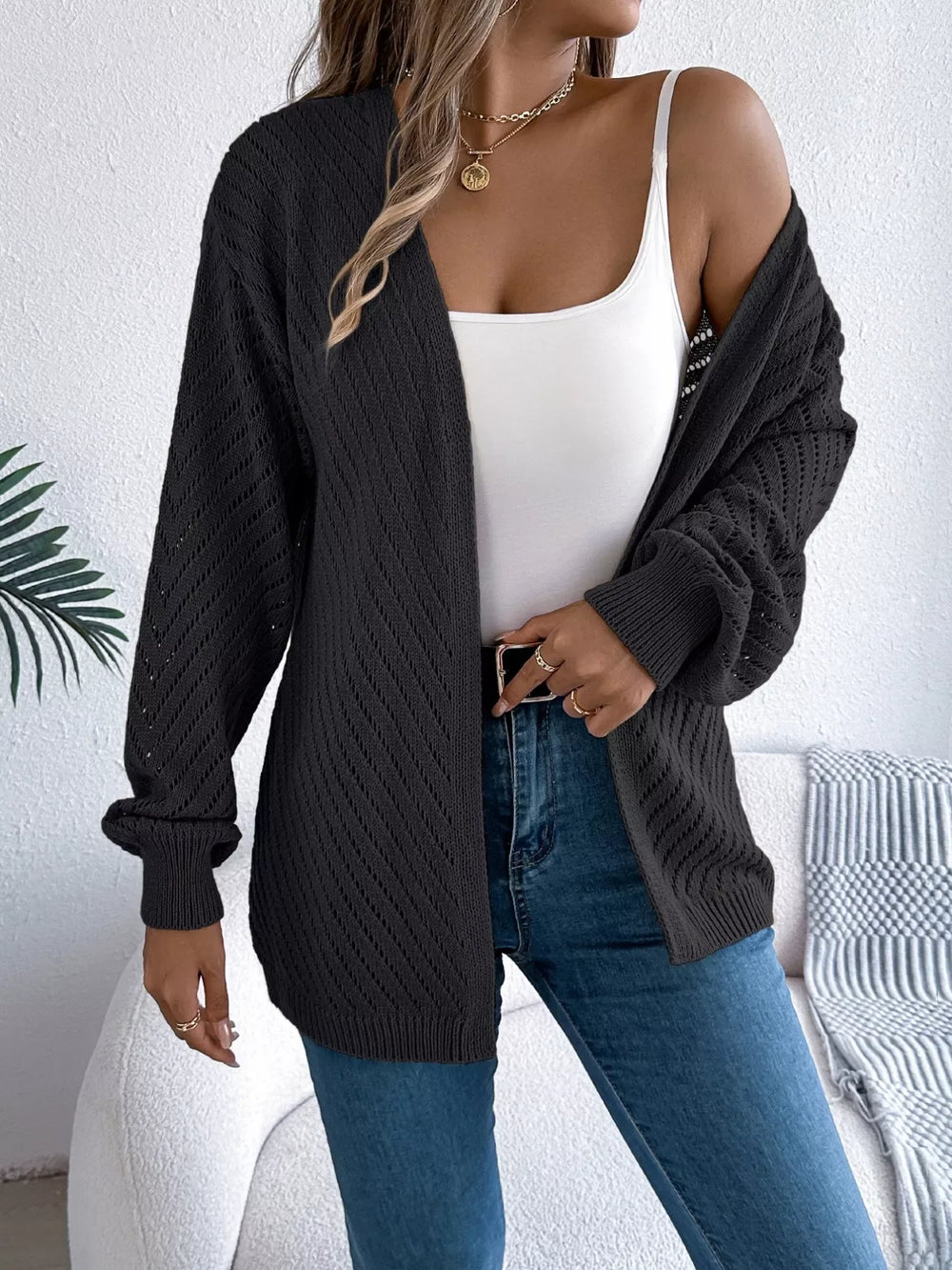 Ethereal White Pointelle Knit Cardigan - View 7 | TEVQA