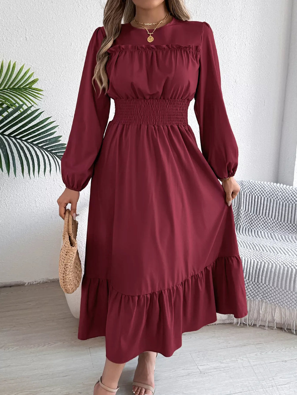 Emerald Green Ruffle Smocked Waist Maxi Dress - View 10 | TEVQA