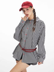 Vintage Inspired Mixed Gingham Oversized Button-Down Shirt - TEVQA