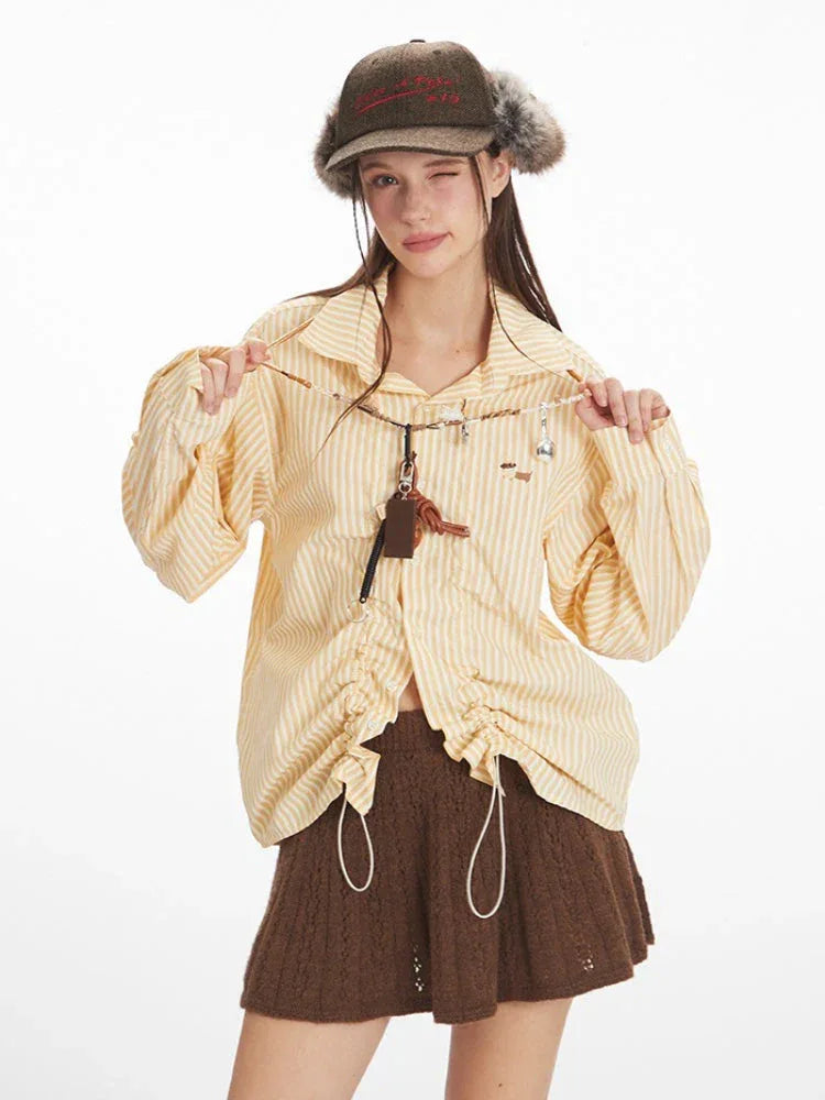 Vintage Yellow Striped Ruched Shirt - TEVQA