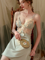 Sage Green Satin Lace Nightgown & Robe Set