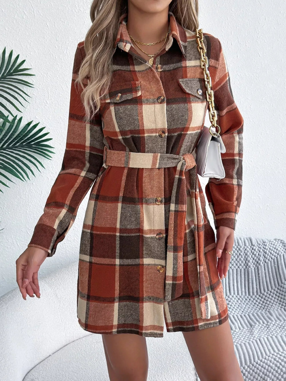 Green Plaid Belted Shirt Dress - View 13 | TEVQA
