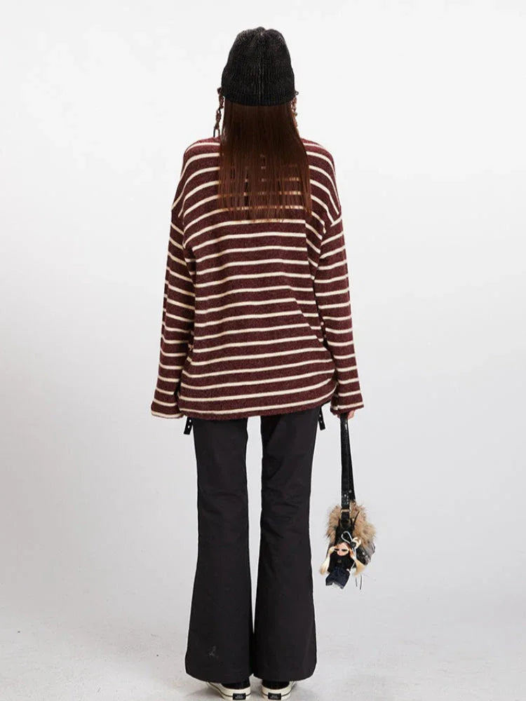Vintage Burgundy Striped Oversized Long Sleeve Tee - TEVQA