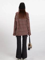 Vintage Burgundy Striped Oversized Long Sleeve Tee - TEVQA