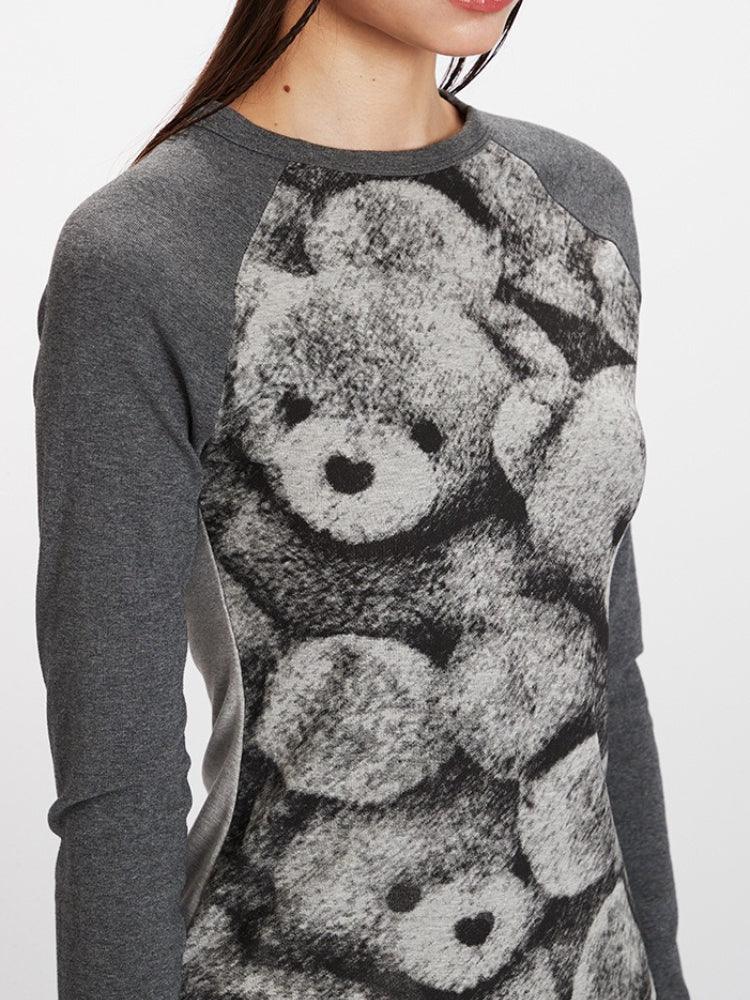 Vintage Grey Raglan Bear Graphic Top - TEVQA