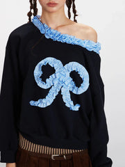 Off-Shoulder Sweatshirt with Bow Detail - View 6 | TEVQA