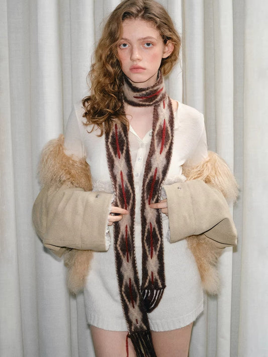 Retro Diamond Skinny Scarf Hand-Threaded Brown