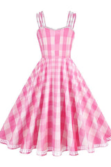 Barbie Movie Margot Pink Plaid Check Dress - Tevqa