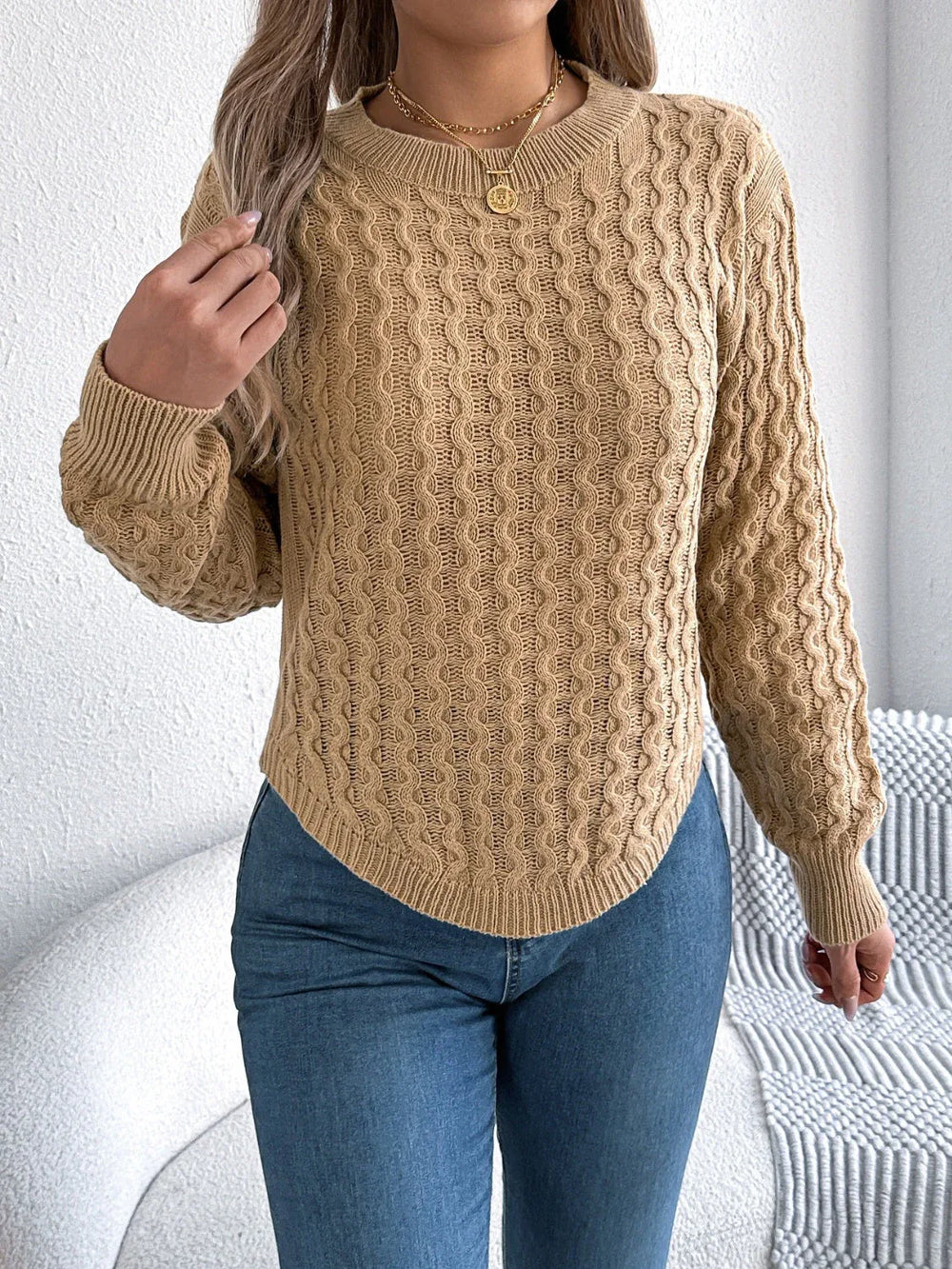 Camel Cable Knit Curved Hem Sweater - TEVQA