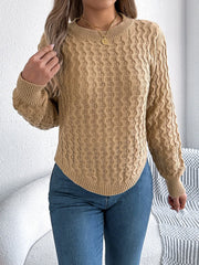 Camel Cable Knit Curved Hem Sweater - TEVQA