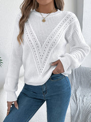 White Pointelle Knit Sweater - TEVQA