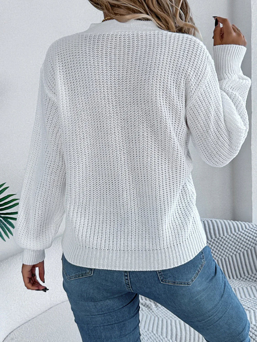White Cutout V-Neck Cable Knit Sweater - TEVQA