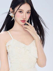 Close-up of the model's face and the white dress neckline with floral accents