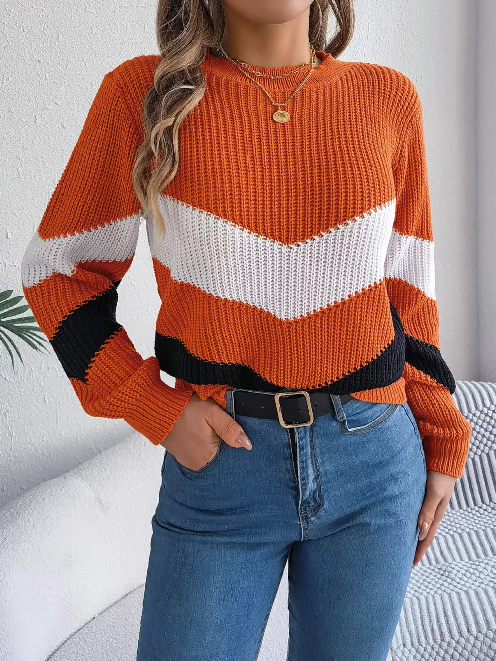 Women's Color Block Chevron Knit Sweater - TEVQA