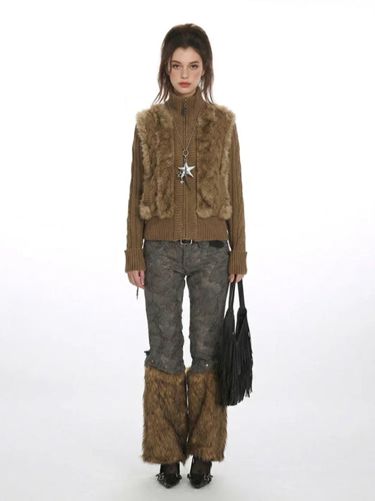 Y2K Faux Fur Panel Zip-Up Cardigan - TEVQA