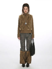 Y2K Faux Fur Panel Zip-Up Cardigan - TEVQA