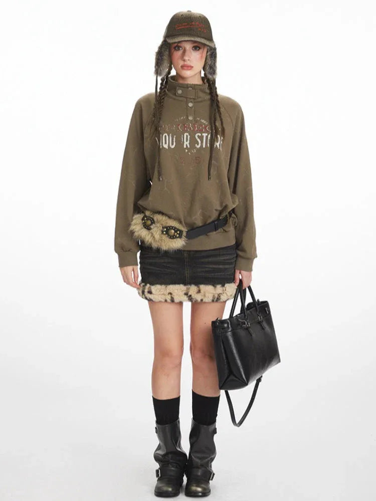 Vintage Olive 'Tribeca' Graphic Mock Neck Sweatshirt - TEVQA