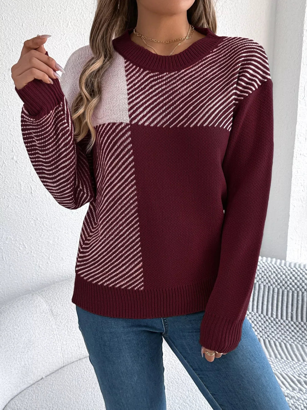 Modern Geometric Khaki Knit Sweater - TEVQA