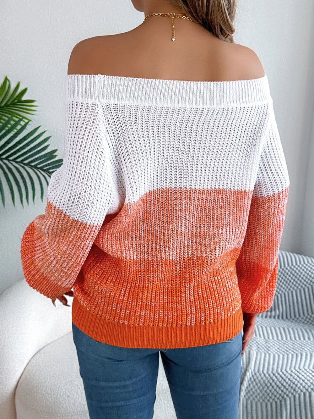 Off-Shoulder Color Block Knit Sweater - View 8 | TEVQA