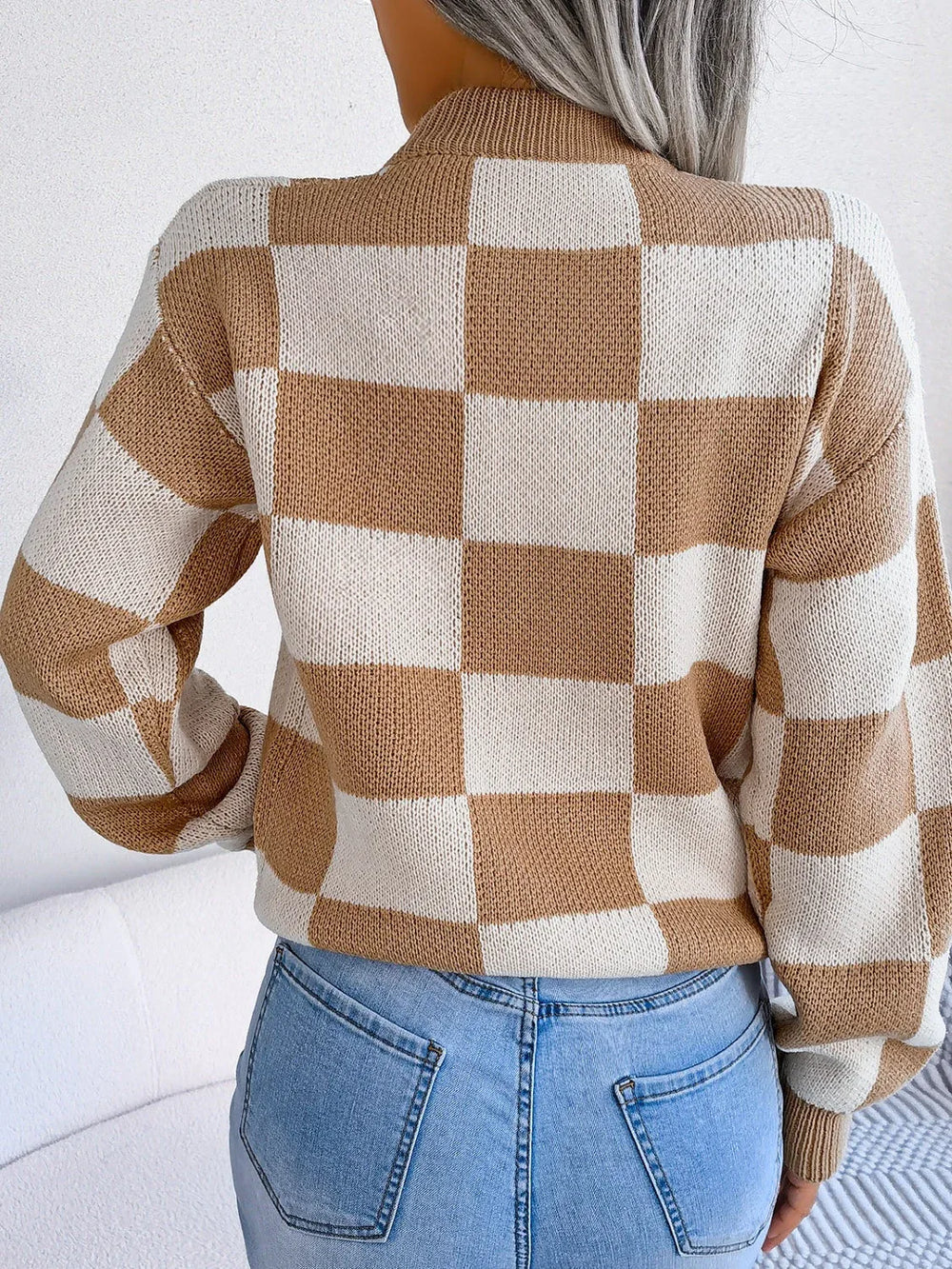 Black and white checkerboard knit mock neck sweater - View 8 | TEVQA