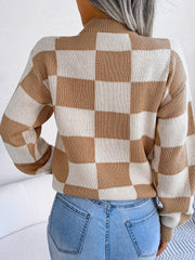 Black and white checkerboard knit mock neck sweater - View 8 | TEVQA
