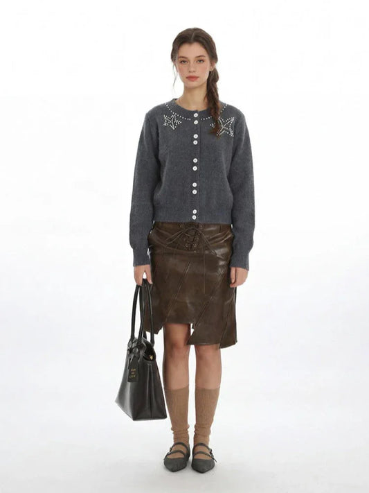 Coquette Grey Pearl Star Fuzzy Cardigan - TEVQA