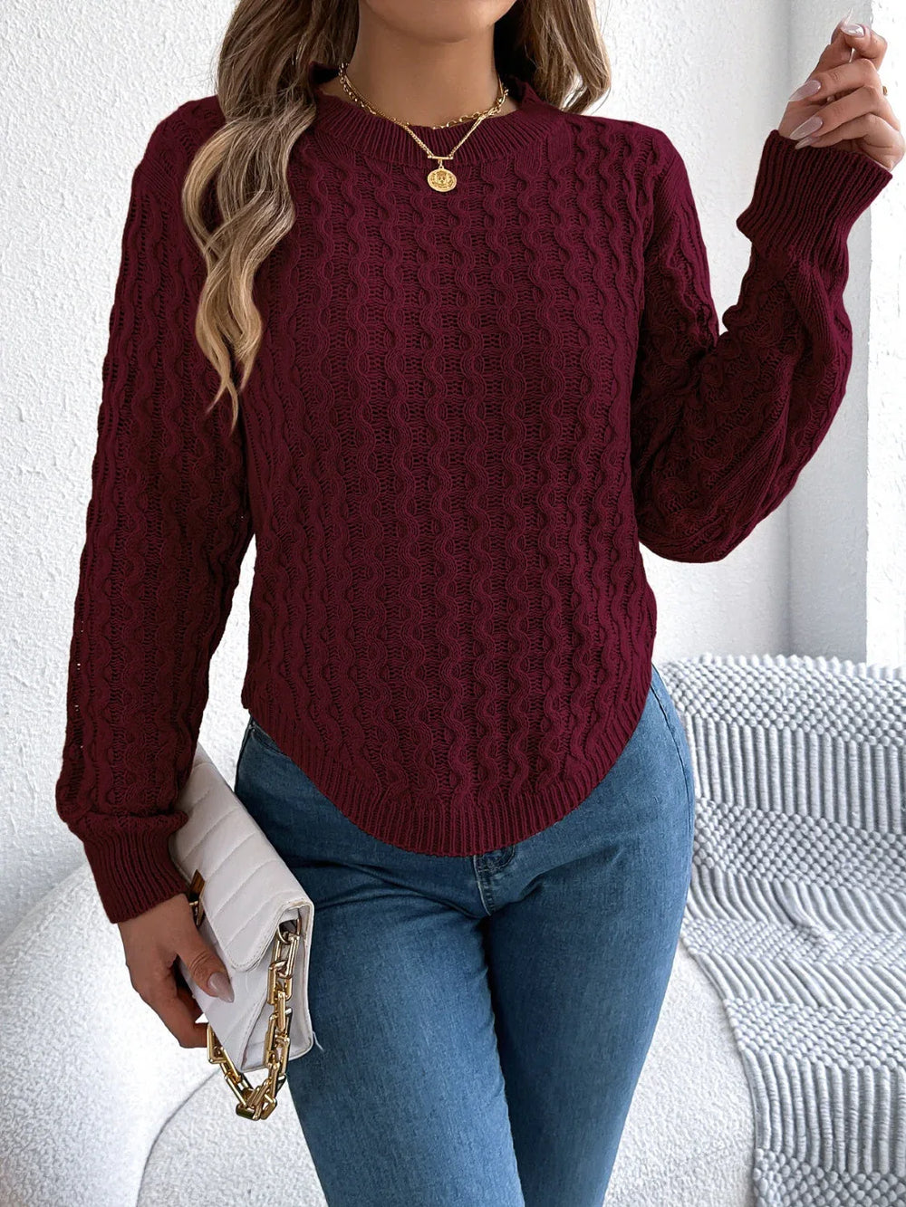 Camel Cable Knit Curved Hem Sweater - TEVQA