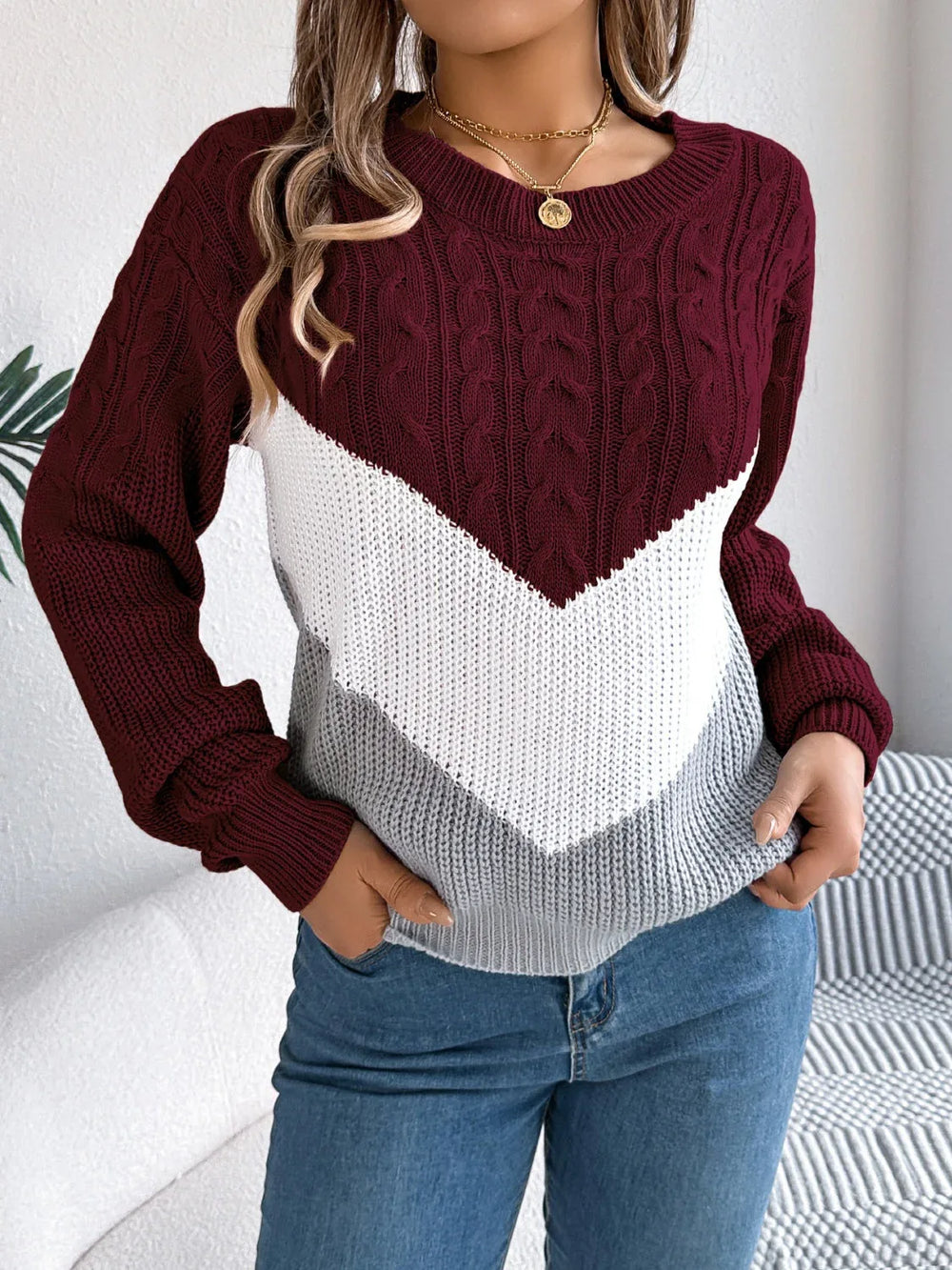 Color Block Cable Knit Sweater - View 18 | TEVQA