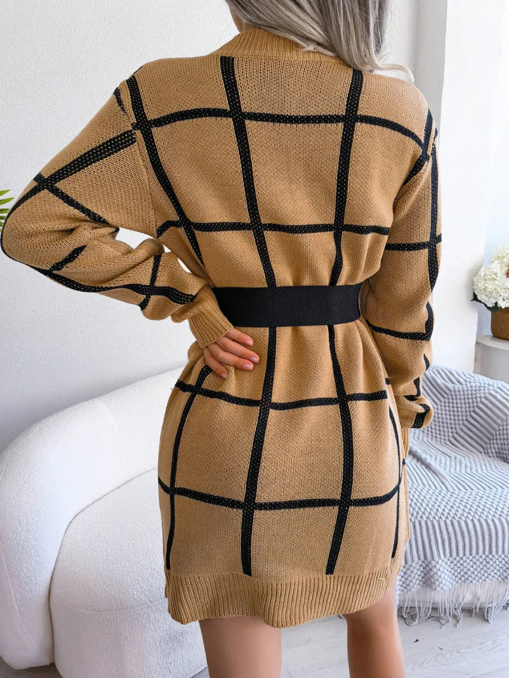 Green windowpane plaid knit sweater dress with crew neckline and long sleeves - View 13 | TEVQA