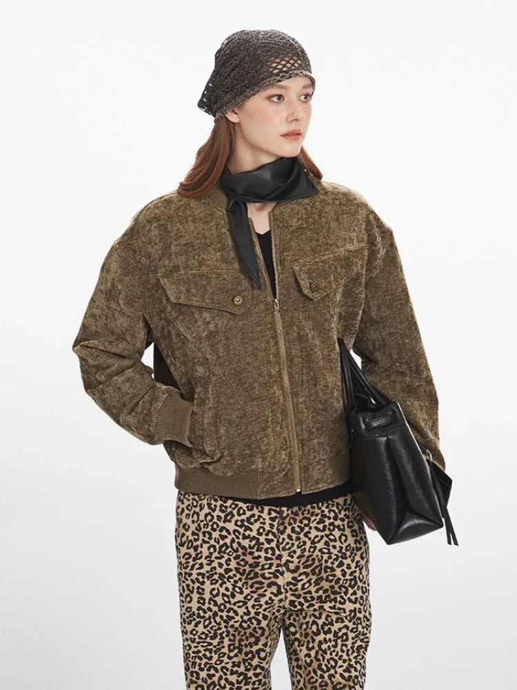 Vintage Brown Distressed Velvet Bomber Jacket - TEVQA