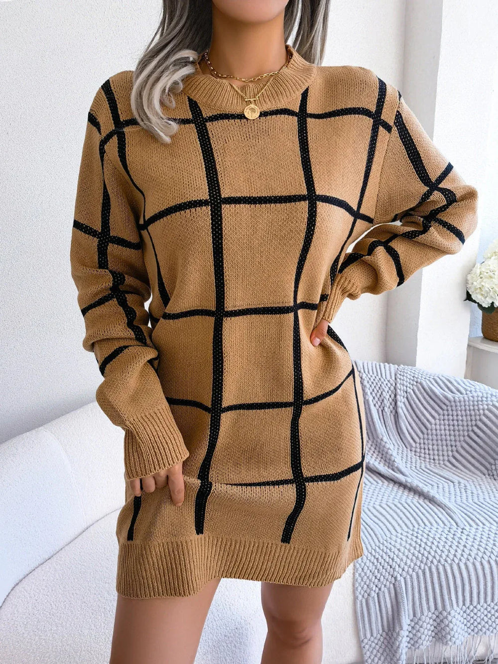 Green windowpane plaid knit sweater dress with crew neckline and long sleeves - View 11 | TEVQA