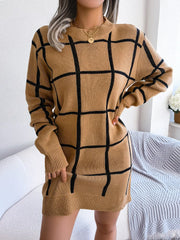 Green windowpane plaid knit sweater dress with crew neckline and long sleeves - View 11 | TEVQA