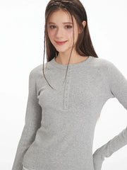Vintage Grey Ribbed Henley Top - TEVQA