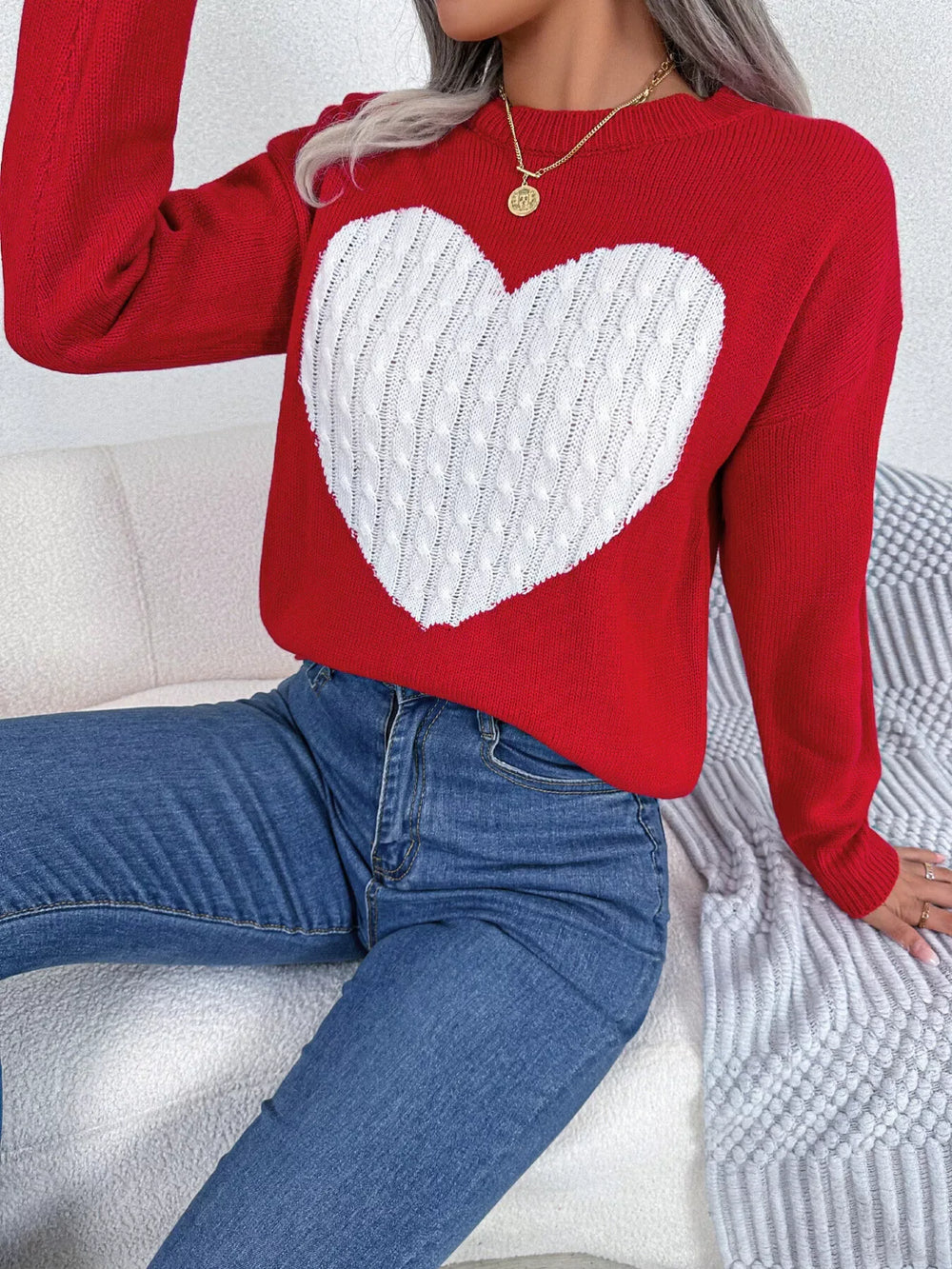 Grey and white cable knit heart sweater - View 11 | TEVQA