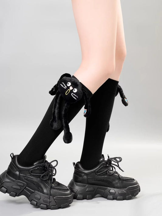 Black Knee High Socks with Removable 3D Quirky Monster Doll - TEVQA