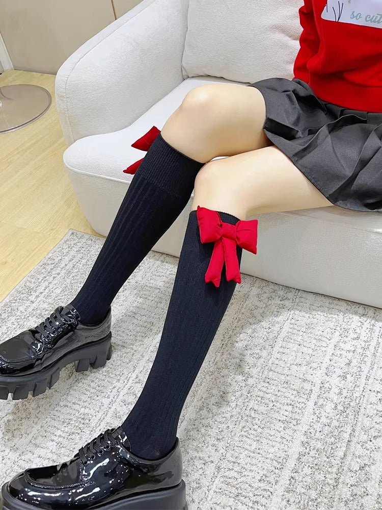 Black Ribbed Cotton Socks with Large Red Bow - TEVQA