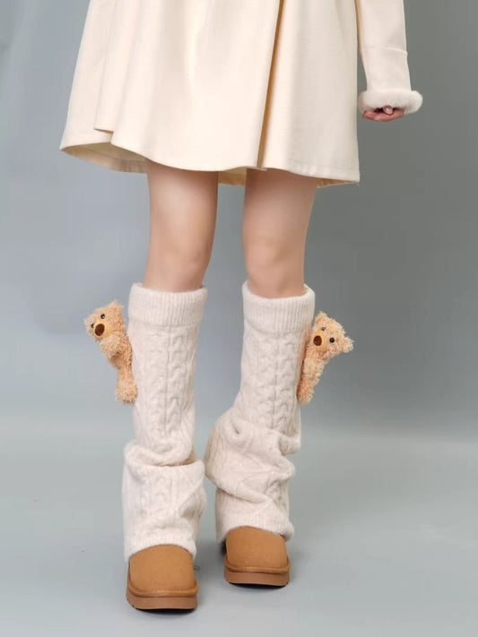 Black Wool Blend Cable Knit Leg Warmers with 3D Teddy Bear - TEVQA
