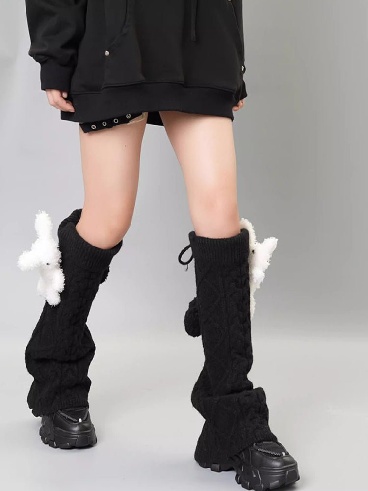Black Wool Blend Cable Knit Leg Warmers with 3D Teddy Bear - TEVQA