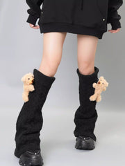 Black Wool Blend Cable Knit Leg Warmers with 3D Teddy Bear - TEVQA
