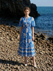 Blue Floral Puff Sleeve V - Neck Tiered Midi Dress - TEVQA