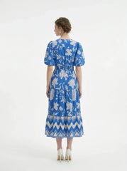 Blue Floral Puff Sleeve V - Neck Tiered Midi Dress - TEVQA