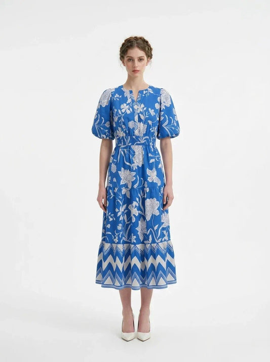Blue Floral Puff Sleeve V - Neck Tiered Midi Dress - TEVQA