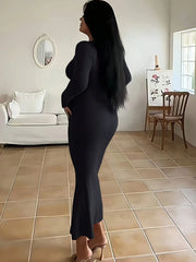 Burgundy and black mermaid maxi dress with long sleeves - View 6 | TEVQA