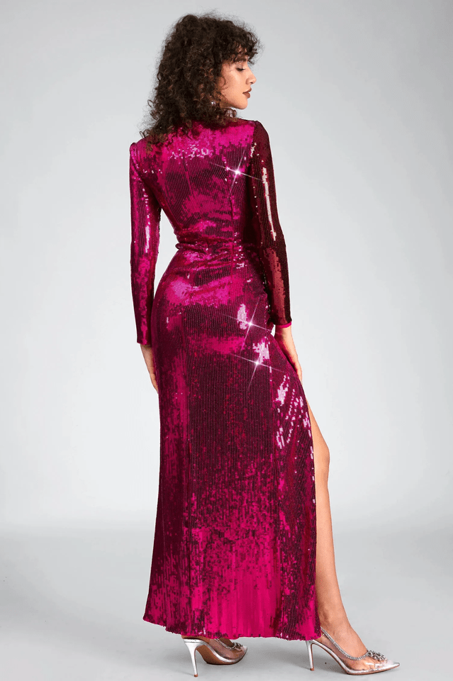 Burgundy Ruched Sequined Maxi Dress - Tevqa