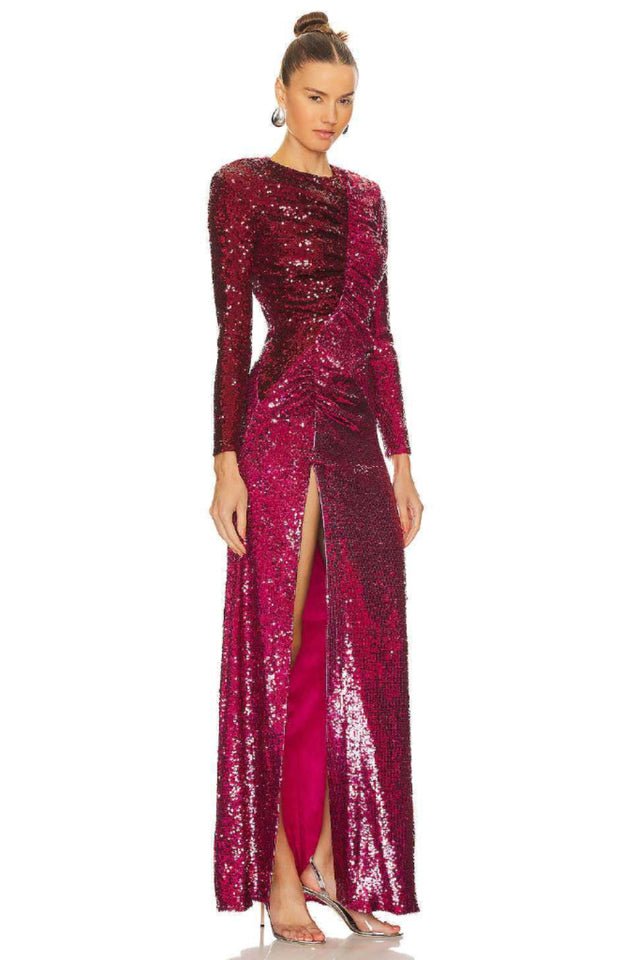 Burgundy Ruched Sequined Maxi Dress - Tevqa