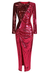 Burgundy Ruched Sequined Maxi Dress - Tevqa