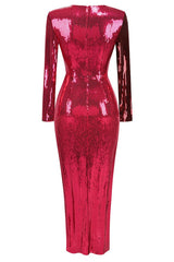 Burgundy Ruched Sequined Maxi Dress - Tevqa
